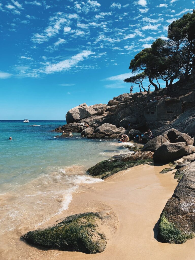 Rocky beach under a clear blue sky