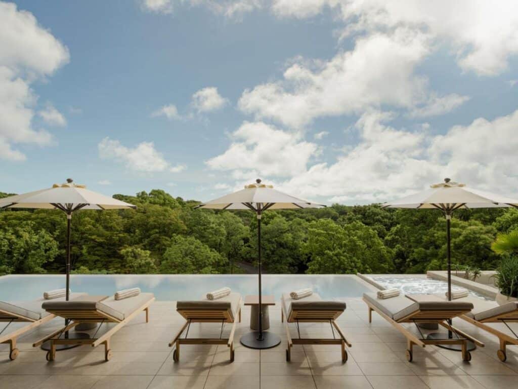 ULTIMATE 10 Day Japan Travel Itinerary 3 Serene poolside with lush greenery backdrop at trunk hotel yoyogi park in tokyo japan, one of my favorite hotels in japan.