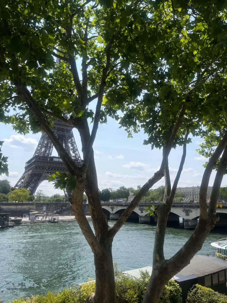13 Unique Hotels in Paris for a Stylish Stay 4 The Eiffel Tower is partially visible behind leafy trees, with the Seine River and a bridge in the foreground—a perfect spot for sightseeing and one of the top things to do in Paris with teenagers on a sunny day.
