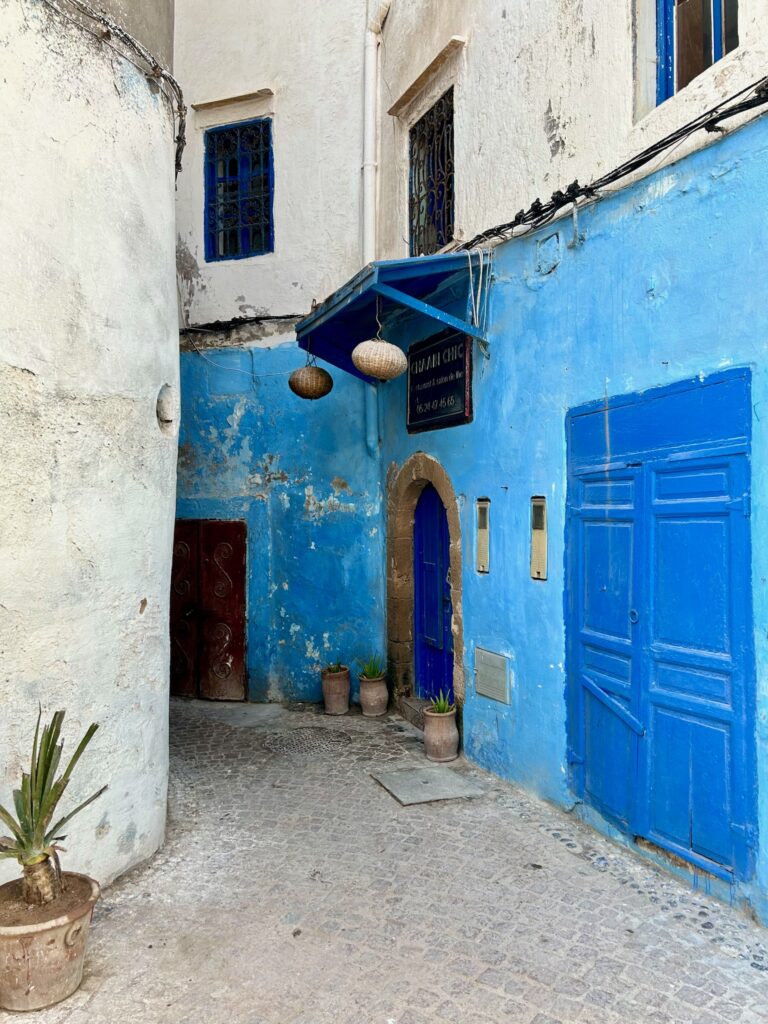 A narrow alley with textured white and blue walls, a blue door, windows, and gate evokes the charm of riads in Essaouira. Several potted plants line the wall beneath two hanging basket lamps, creating a rustic and vibrant Mediterranean scene.