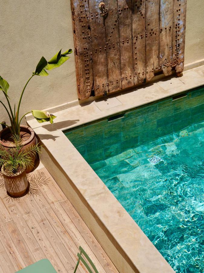 8 SPECTACULAR Agafay Desert Camps 32 A small turquoise pool bordered by stone tiles, with sunlight reflecting on the water. Beside the pool are two potted plants and a weathered wooden door, evoking the tranquil charm of Agafay desert camps.
