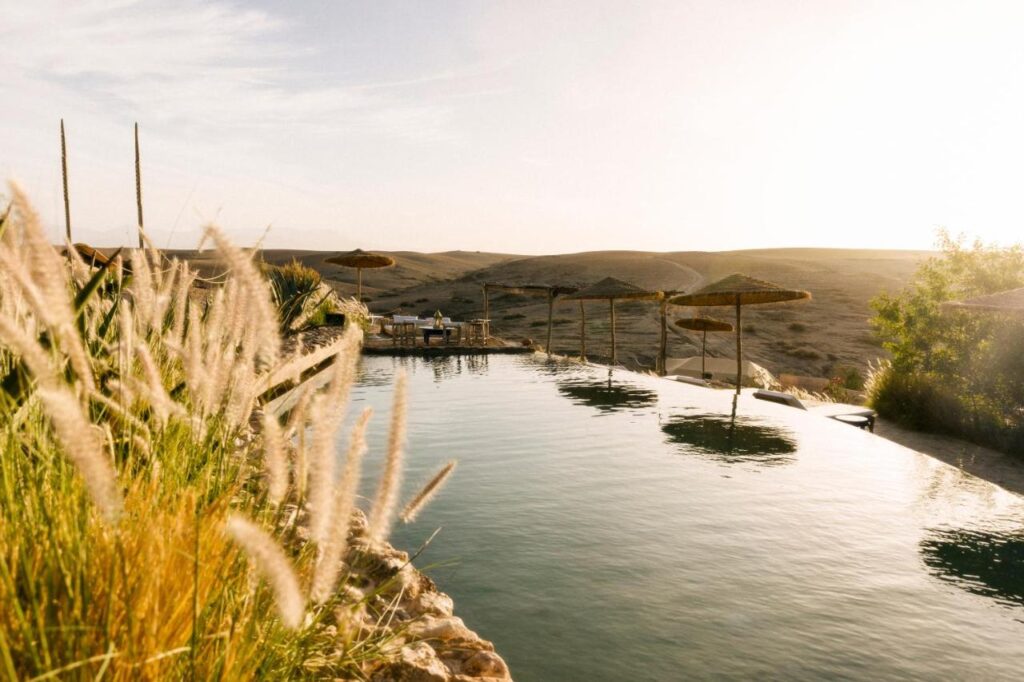 8 SPECTACULAR Agafay Desert Camps 21 An infinity pool at an Agafay Desert camp overlooks the vast landscape at sunset, with tall grass in the foreground and straw umbrellas lining the tranquil poolside, all bathed in warm, golden light.