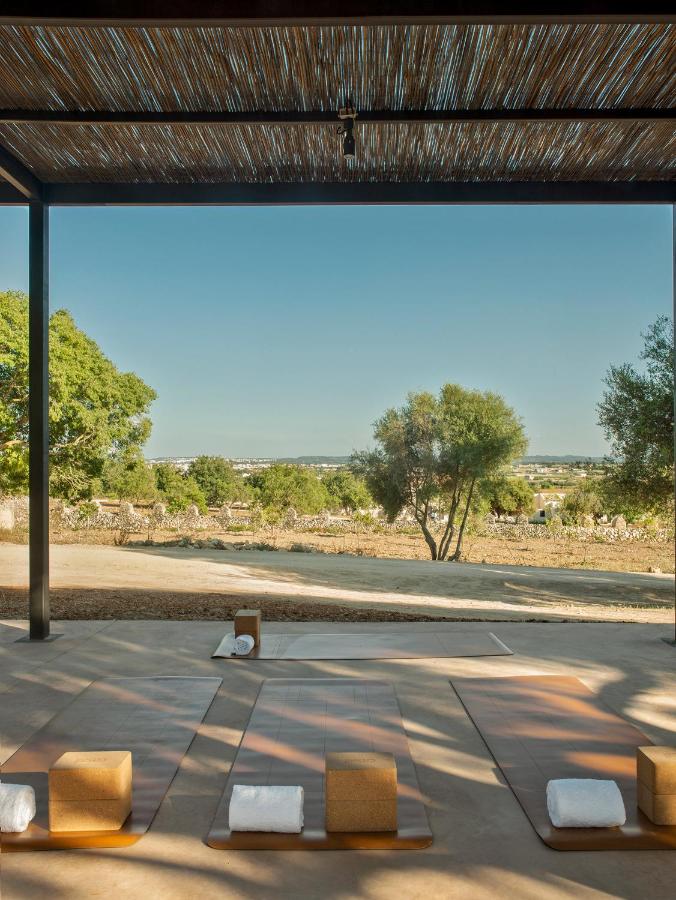 Unique Agroturismos in Mallorca 8 A covered outdoor yoga area with mats, cork blocks, and rolled towels, overlooking a scenic landscape with trees and clear skies—an inviting spot often found at agroturismos in Mallorca.