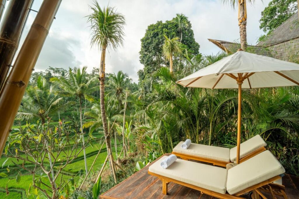 13 Most UNIQUE Places to Stay in Ubud 28 Two lounge chairs with rolled towels sit under a white umbrella on a wooden deck, overlooking lush green palm trees—an inviting scene at one of the unique places to stay in Ubud, perfect for relaxation amid tropical beauty.