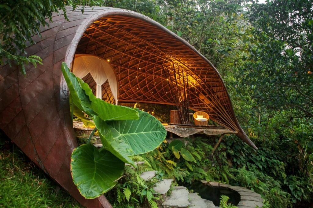 13 Most UNIQUE Places to Stay in Ubud 10 A wooden, leaf-shaped open-air cabin with warm lights nestled in lush green vegetation and ferns, featuring a bed and bathtub visible inside—one of the most unique places to stay in Ubud, blending seamlessly into the natural forest surroundings.