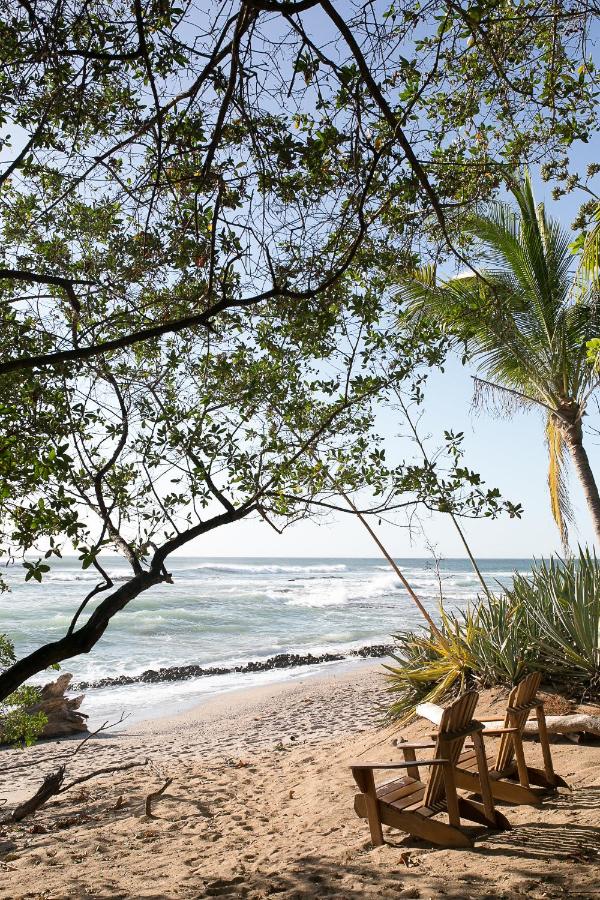 Unique Hotels in Costa Rica: Top Stays 8 Two wooden chairs sit on a sandy beach under leafy trees, facing the ocean. Waves roll onto the shore as a palm tree stands nearby—a peaceful, tropical scene you might find at unique hotels in Costa Rica.
