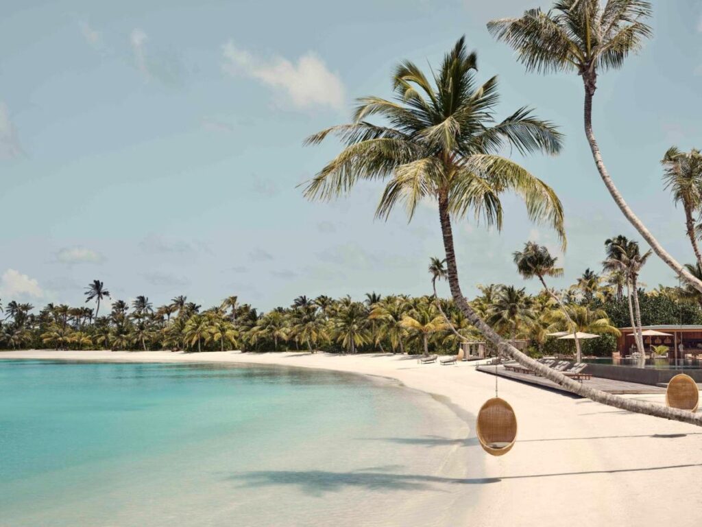 Best Luxury Hotels in Maldives for Your Dream Vacation 4 Tropical beach with clear turquoise water, white sand, and tall palm trees. Two hanging wicker chairs swing from the palms, evoking the serene vibe found at the best luxury hotels in Maldives. Lounge chairs line the shore under umbrellas beneath a mostly clear sky.
