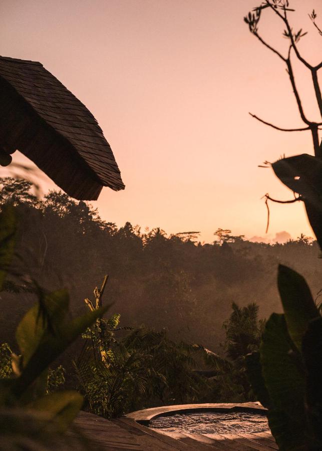13 Most UNIQUE Places to Stay in Ubud 19 A serene outdoor scene at sunset, featuring lush tropical foliage, a round pool of water, and a thatched roof structure beneath a soft orange-pink sky—one of the unique places to stay in Ubud.