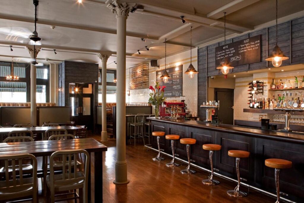 15 Best Boutique Hotels in London, UK 16 A cozy, modern bar often found in the best boutique hotels London has to offer, with wooden floors, a sleek black counter lined with chrome stools, pendant lighting, chalkboard menus on the wall, and shelves of bottles behind the bar.