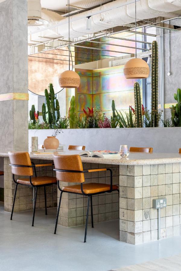 15 Best Boutique Hotels in London, UK 29 A modern cafe interior reminiscent of the best boutique hotels London offers, featuring tan leather chairs around a tiled table, cacti and plants as decor, pendant lights above, and colorful iridescent wall panels reflecting natural light.