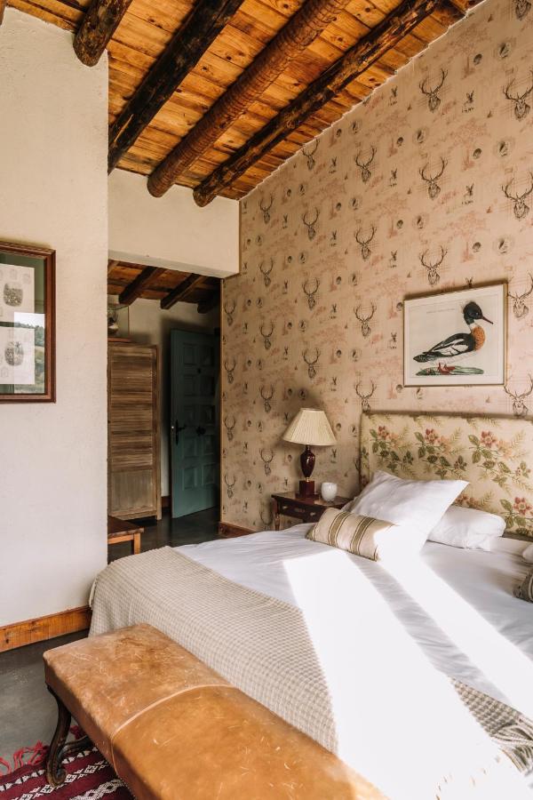 25 Weekend Trips from Madrid Max. 2h Away 47 A cozy bedroom perfect for weekend trips from Madrid, featuring a wooden ceiling, deer-patterned wallpaper, a large bed with white linens, bird art above the headboard, and sunlight streaming through the window.