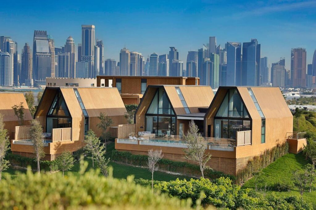 Where to Stay in Doha, Qatar: Transit, City & Beach Hotels 11 A cluster of modern wooden villas surrounded by greenery, with large windows and sloped roofs, stands in the foreground; a skyline of tall, contemporary skyscrapers rises in the background—an inspiring choice for where to stay in Doha under a clear blue sky.