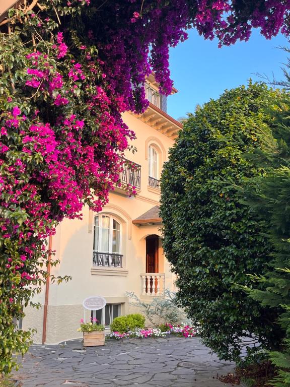 A cream-colored house with arched windows and a small balcony is framed by vibrant purple bougainvillea and lush green bushes, reminiscent of the charming boutique hotels in Asturias under a clear blue sky.