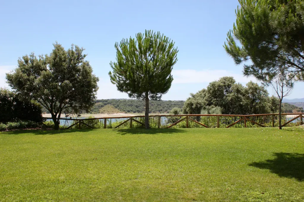 25 Weekend Trips from Madrid Max. 2h Away 16 A grassy lawn with scattered trees, bordered by a wooden fence. In the background, a body of water and distant, tree-covered hills under a clear blue sky offer an ideal scene for weekend trips from Madrid.