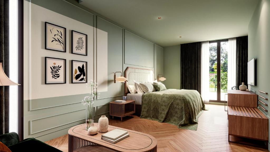 A modern bedroom inspired by boutique hotels in Asturias, with green walls, a double bed with green bedding, wooden furniture, botanical art, floor-to-ceiling windows with dark curtains, and plenty of natural light streaming in.