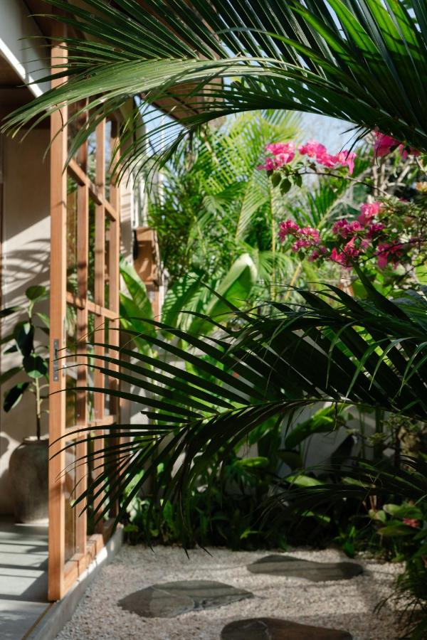 Large green palm fronds and tropical plants surround a sunlit garden patio, evoking the lush ambiance found at the best family villas in Bali, with a wooden-framed glass door, stepping stones, and blooming pink flowers under bright natural light.