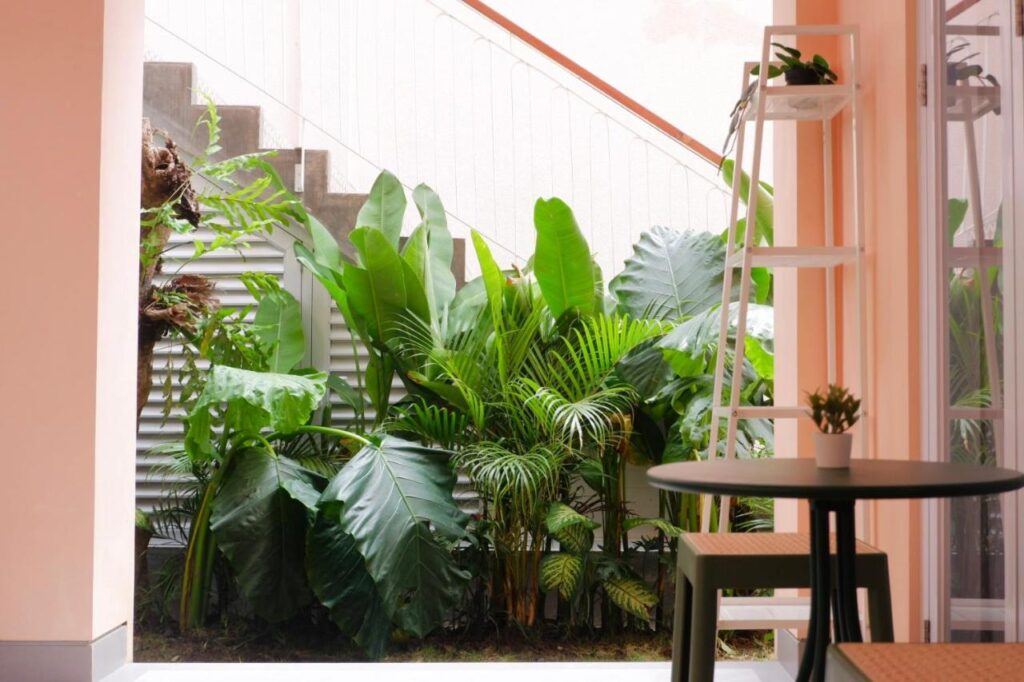 14 UNIQUE Boutique Hotels in Canggu, Bali 33 A cozy indoor space with a round black table and chairs, next to large green tropical plants and a staircase in the background—reminiscent of the bright, airy atmosphere found in boutique hotels in Canggu.