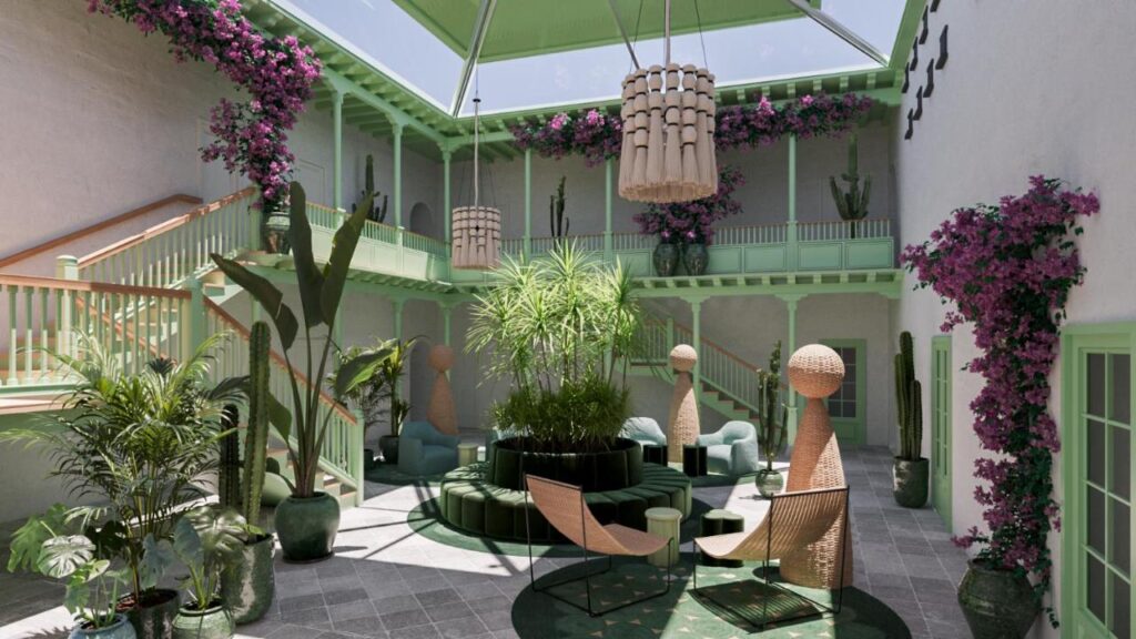 Unique Adults Only Hotels in Lanzarote 4 Indoor courtyard with mint green railings, lush potted plants, woven lounge chairs, and modern sculptures—like the serene escapes found in Adults Only Hotels in Lanzarote—while sunlight pours in through a glass ceiling above.