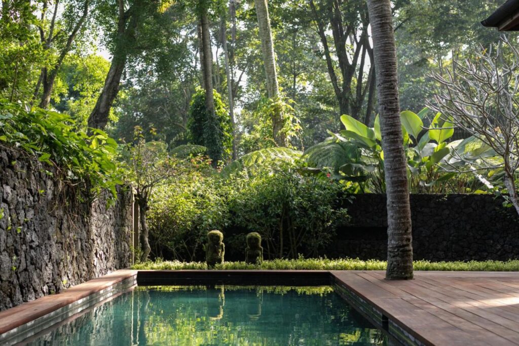 13 Most UNIQUE Places to Stay in Ubud 36 A small, clear swimming pool with wooden decking is surrounded by lush greenery, stone walls, and tall trees—an oasis among unique places to stay in Ubud. Sunlight filters through the leaves, creating a tranquil, tropical garden setting.