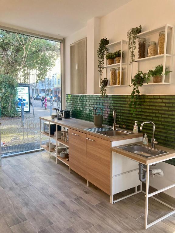 Boutique Hotels in Berlin Kreuzberg 37 A modern kitchen with wooden cabinets, open white shelves holding jars and plants, a green tiled backsplash, and large windows reminiscent of those in boutique hotels in Berlin Kreuzberg, overlooking a street with trees and buildings outside.