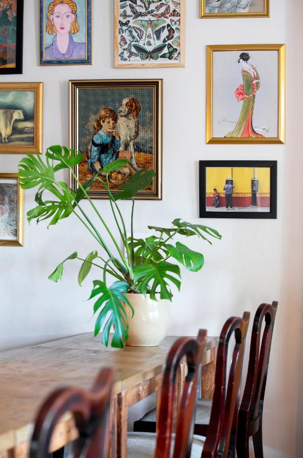 Unique Places to Stay in Cape Town 3 A wooden dining table with dark chairs sits beside a wall decorated with various framed artworks. A large green monstera plant in a light pot is placed on the table, creating an inviting setting reminiscent of unique places to stay in Cape Town.