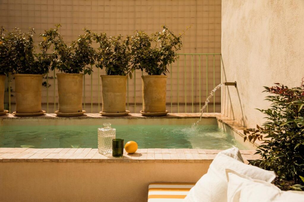 10 UNIQUE Hotels with Pool in Seville 41 A small outdoor pool in Seville, found at one of the charming hotels with pool in Seville, has water pouring from a spout and is lined with tall potted plants. On the edge: a glass jug, green glass, lemon, cushions, and striped fabric.