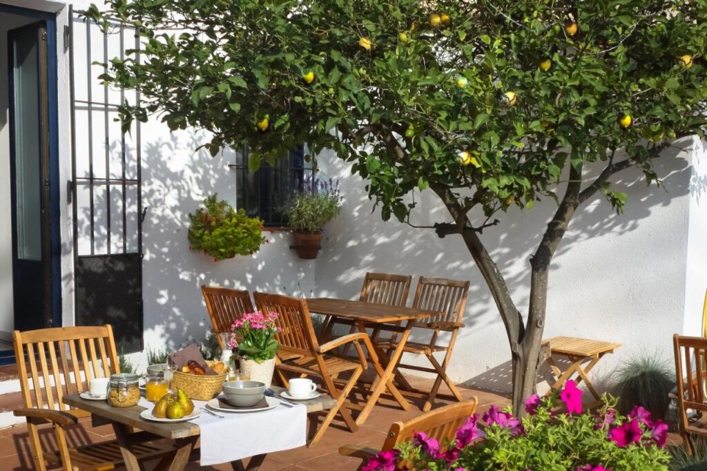 A sunny patio at one of the boutique hotels in Costa Brava features wooden tables and chairs set for breakfast under a lemon tree. Potted flowers, a white wall, and a barred door complete the cozy scene as sunlight casts shadows on the tiled floor.