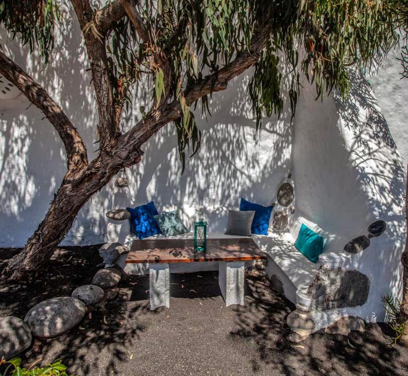 Unique Adults Only Hotels in Lanzarote 16 A cozy outdoor seating area at one of the Adults Only Hotels in Lanzarote features a curved white bench, colorful cushions, and a wooden table shaded by a leafy tree against a white stucco wall with sunlight creating dappled shadows.