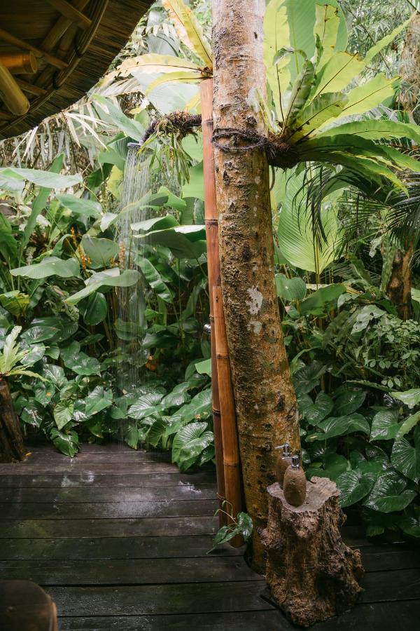 An outdoor shower attached to a tree is surrounded by lush green tropical plants and wooden decking, creating a serene setting reminiscent of the best family villas in Bali.