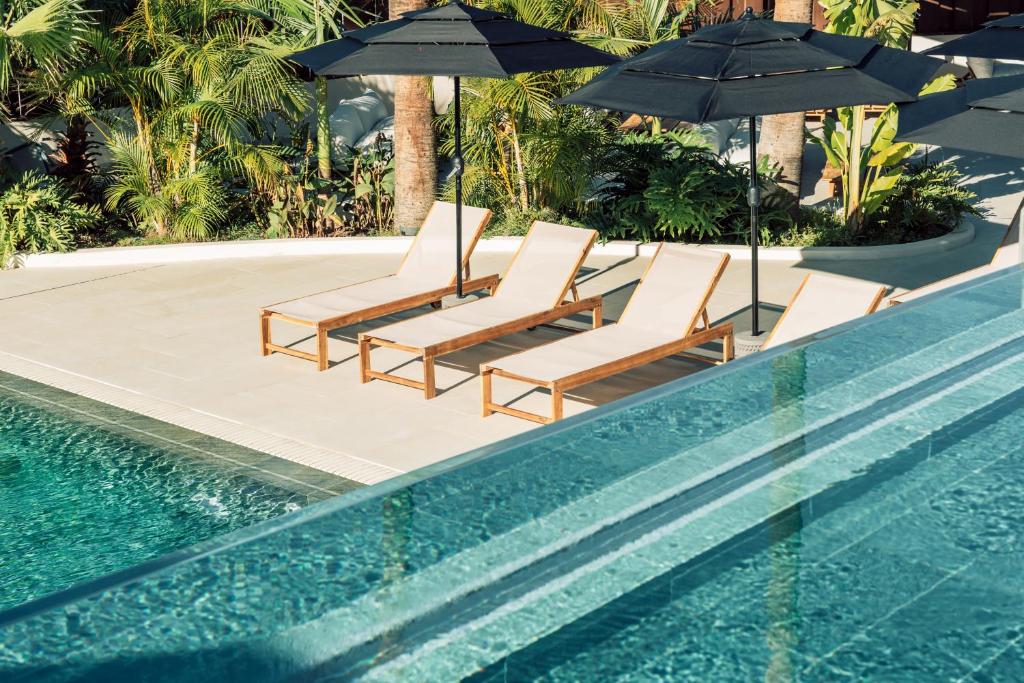 11 UNIQUE Boutique Hotels in Tenerife 32 Three poolside lounge chairs with beige cushions are lined up under black umbrellas by a clear blue swimming pool, surrounded by lush greenery—an inviting oasis typical of Boutique Hotels in Tenerife.