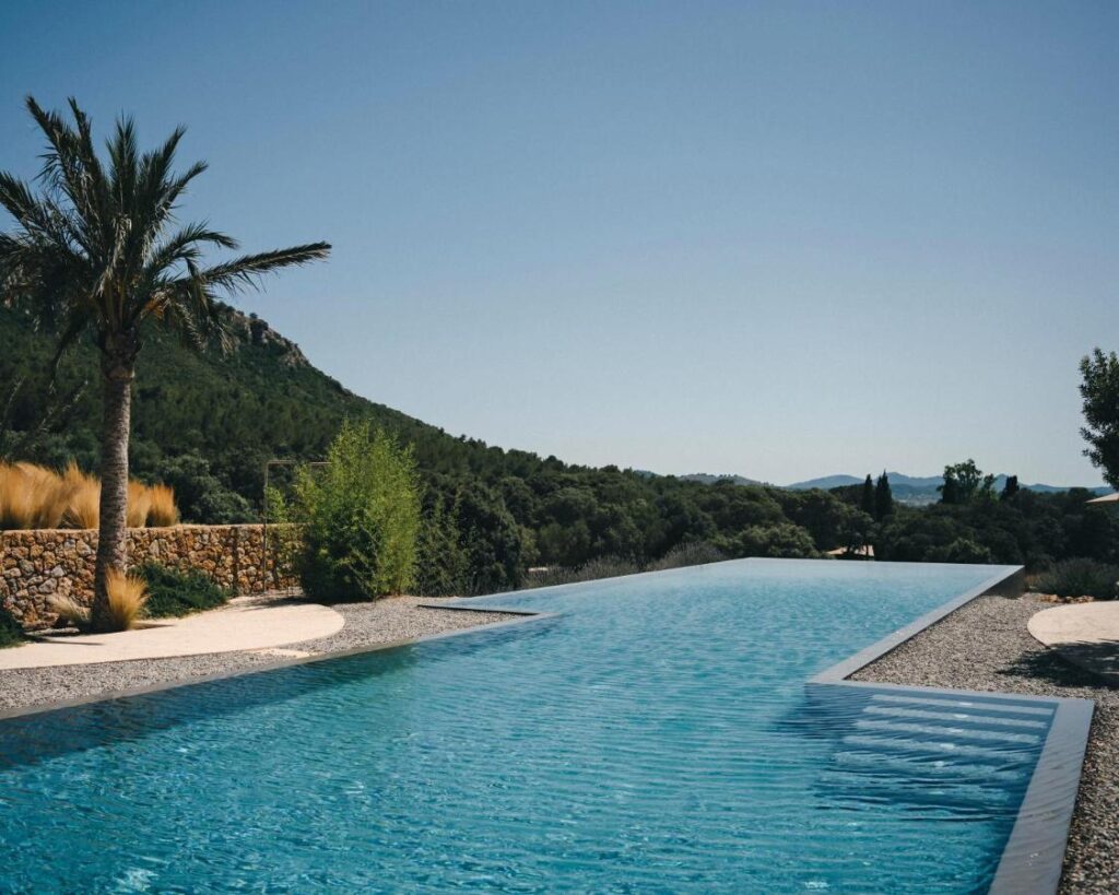 Unique Agroturismos in Mallorca 23 A serene infinity pool at one of the finest agroturismos in Mallorca overlooks a lush green landscape with hills in the background. A palm tree and stone wall sit to the left, beneath a clear blue sky on a sunny day.