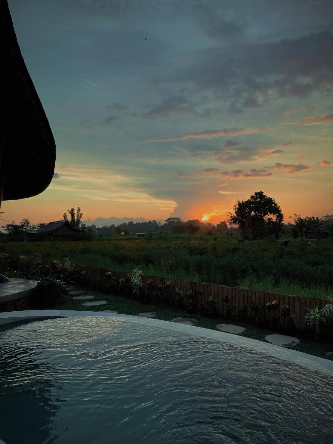 A serene sunset view over green fields, with a round swimming pool in the foreground and a wooden fence separating the garden from the open landscape—just like those found at the best family villas in Bali. The sky glows with vibrant orange and yellow hues.