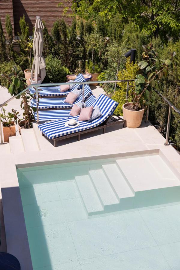 10 UNIQUE Hotels with Pool in Seville 10 Two striped blue and white lounge chairs with pillows and hats sit beside a pool with white steps, reminiscent of the relaxing outdoor setting found at hotels with pool in Seville, surrounded by potted plants and lush greenery.