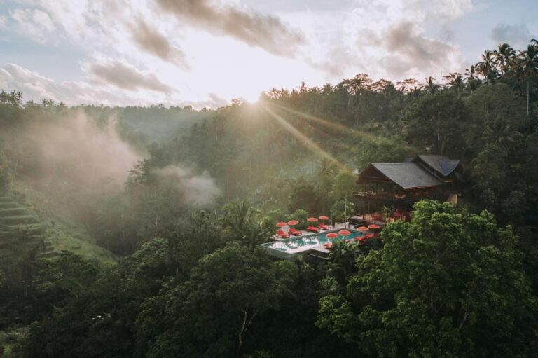 sky view of banyan tree escape luxury hotel, one of the most unique places to stay in ubud, bali