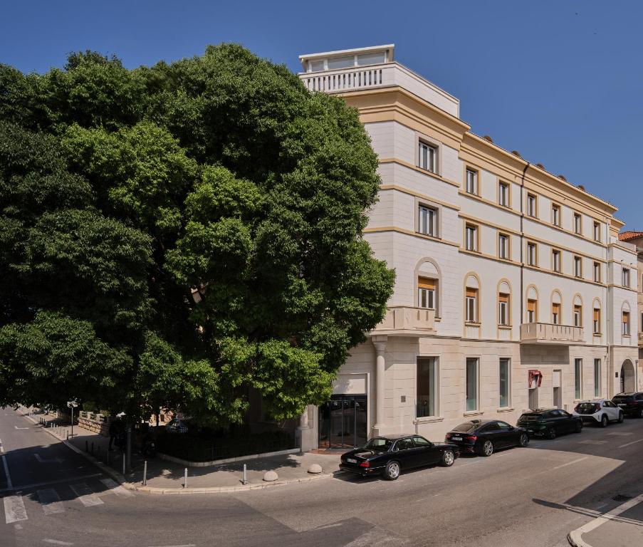 8 TOP Boutique Hotels in Split 29 A large, leafy tree stands at the corner of a street next to a multi-story beige building with arched windows—reminiscent of the charming architecture found near boutique hotels in Split—and parked cars under a clear blue sky.
