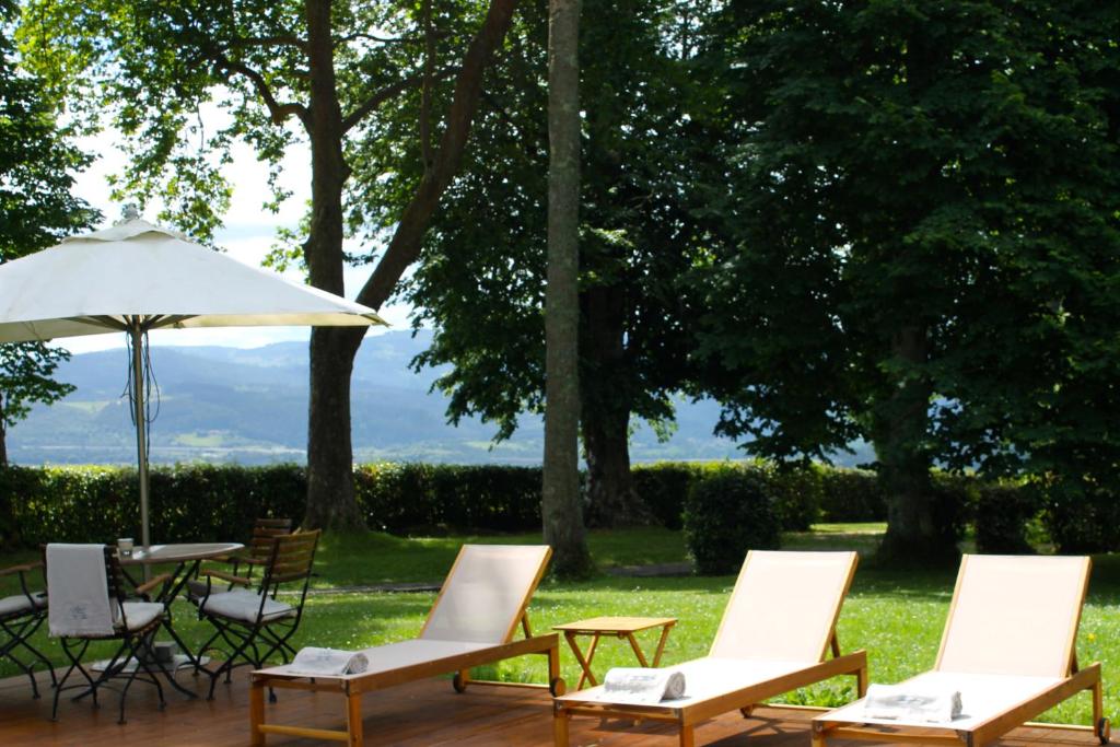 Three lounge chairs and a small table with chairs sit on a wooden deck in a grassy area shaded by tall trees, with mountains and greenery in the background—an inviting scene reminiscent of boutique hotels in Asturias. An open white umbrella provides shade.