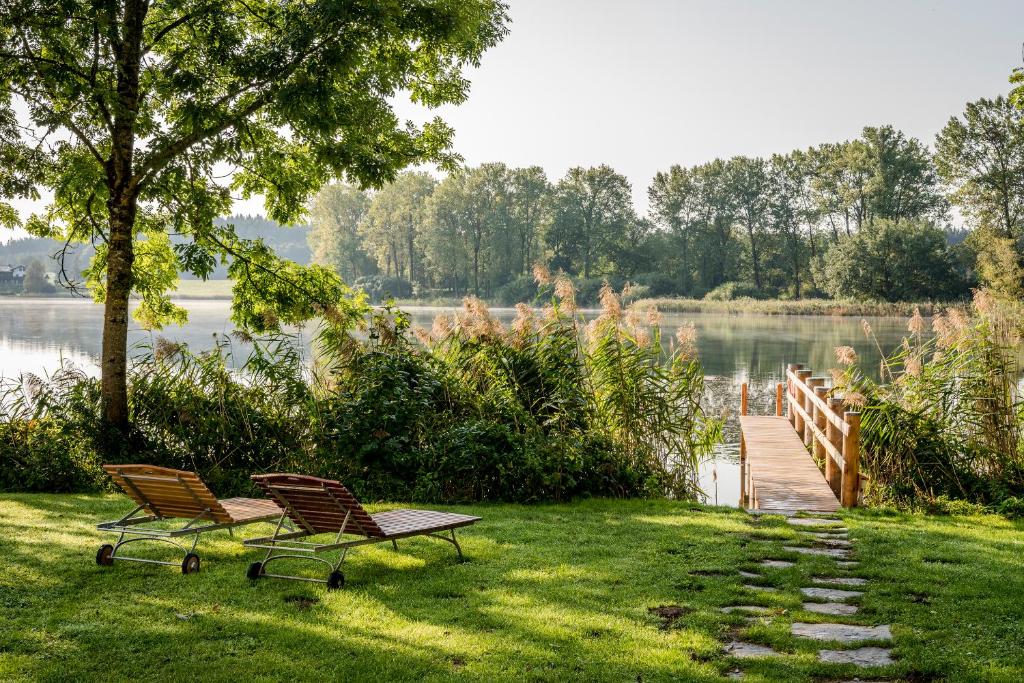 FAIRYTALE Castle Hotels in Bavaria 22 Two wooden lounge chairs sit on a grassy lawn near a lake, with a stone path leading to a small wooden dock surrounded by lush green trees—evoking the tranquil settings of castle hotels in Bavaria on a sunny day.