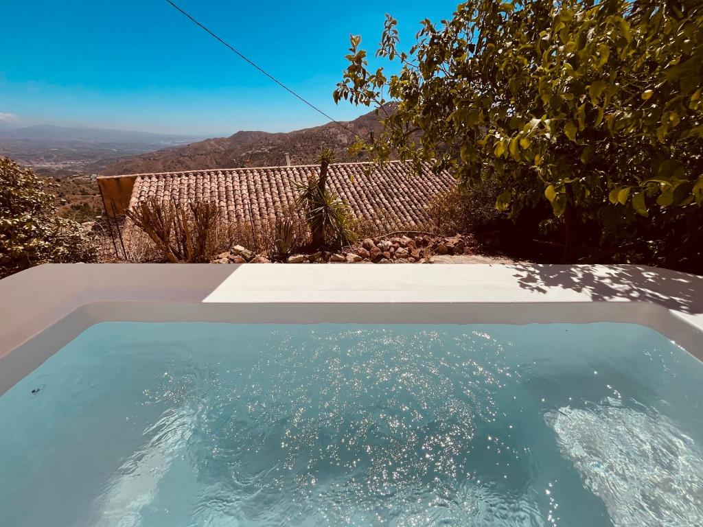 Adults-Only Hotels in Costa del Sol 32 A small pool with clear blue water overlooks a tiled roof and a scenic mountain landscape under a bright blue sky, surrounded by greenery—an idyllic escape found at select adult only hotels in Costa del Sol.