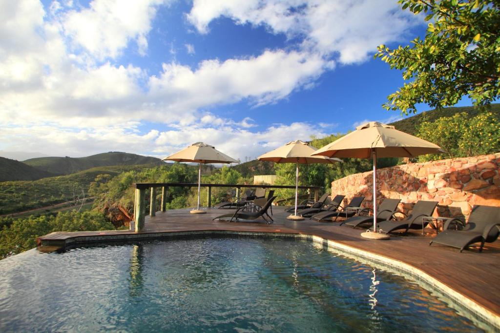A scenic outdoor pool with lounge chairs and umbrellas on a wooden deck overlooking green hills under a blue sky—perfect for relaxing at Game Lodges in Western Cape.