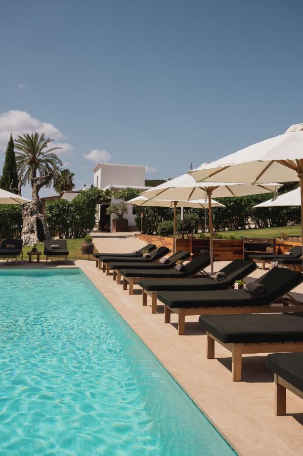 10 AUTHENTIC Finca Hotels in Ibiza 27 A row of black cushioned lounge chairs and white umbrellas line a sunny poolside at one of the serene finca hotels in Ibiza, with palm trees and lush greenery in the background under a clear blue sky.