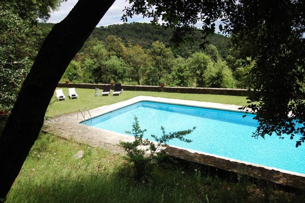 A rectangular outdoor swimming pool surrounded by stone, set in a grassy area with several lounge chairs—reminiscent of boutique hotels in Costa Brava—with trees and hills in the background under a partly cloudy sky.