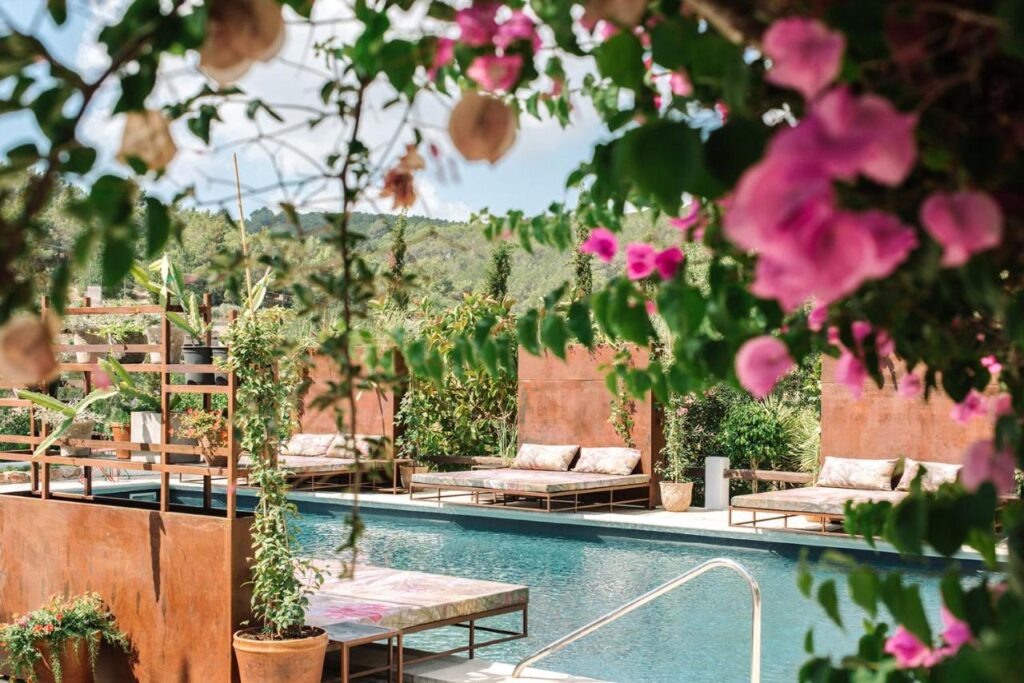 10 AUTHENTIC Finca Hotels in Ibiza 11 A serene outdoor pool area at one of the finest finca hotels in Ibiza, featuring cushioned lounge beds, lush greenery, and blooming pink flowers, all framed by leafy branches under a tranquil blue sky.