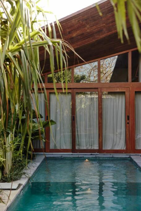 A small swimming pool is surrounded by lush green plants and bordered by a modern wooden building with large glass doors and white curtains, making it one of the best family villas in Bali.