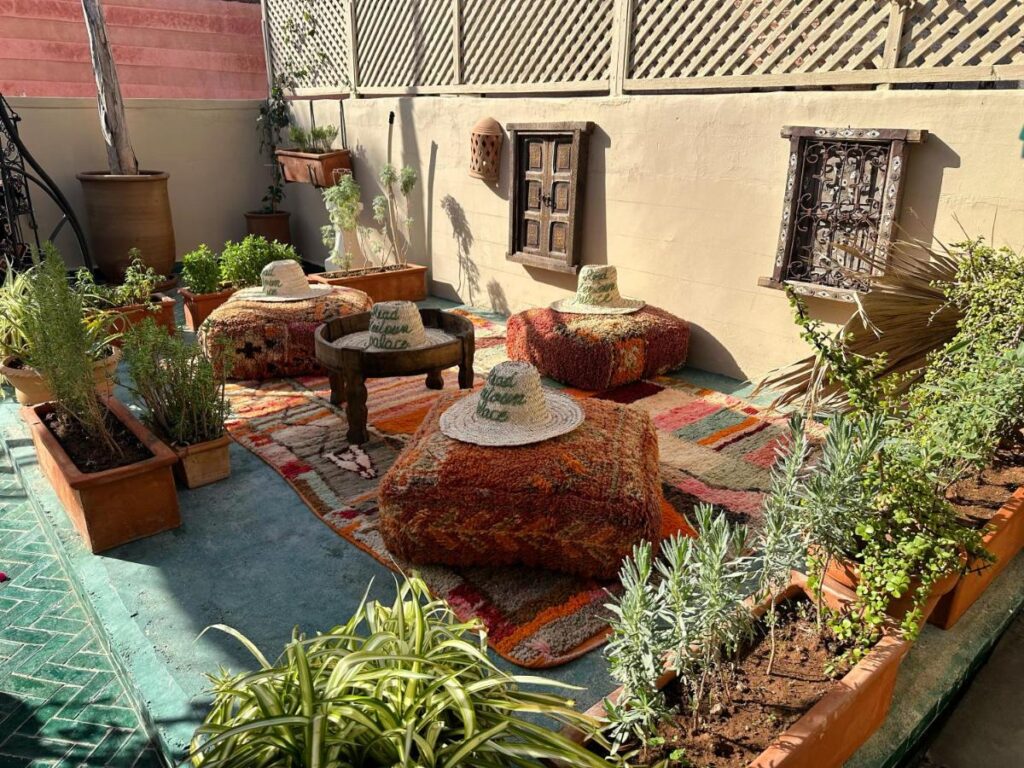 12 Charming Budget Riads in Marrakech 41 A cozy outdoor patio, inspired by budget riads in Marrakech, features colorful floor cushions, woven hats, potted plants, and rustic wall decor. Sunlight casts warm shadows, creating an inviting atmosphere surrounded by lush greenery.