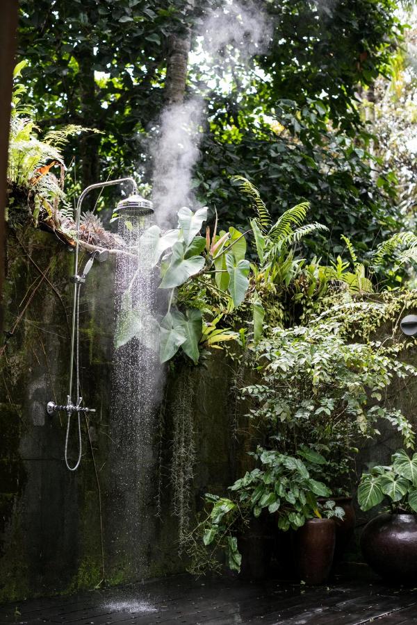 13 Most UNIQUE Places to Stay in Ubud 7 An outdoor shower with water running, surrounded by lush green plants and foliage against a stone wall in a tropical garden—steam rising—captures the tranquil vibe of unique places to stay in Ubud.