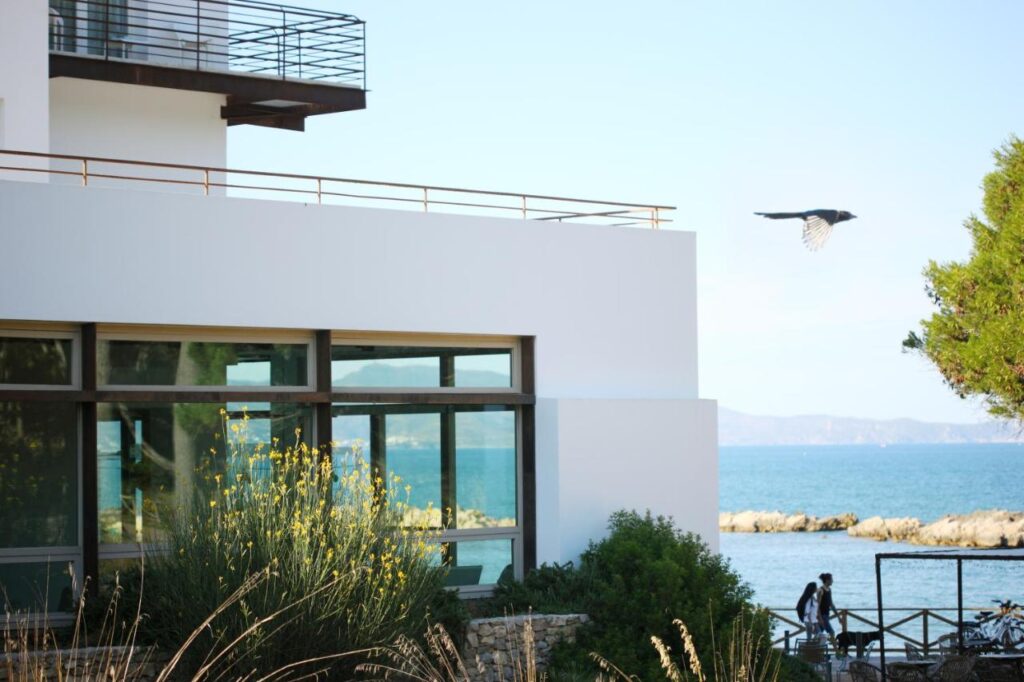 A modern white building, like the boutique hotels in Costa Brava, overlooks the sea with large sunlit windows. A bird soars above as two people stand by a wooden fence near the water, framed by green shrubs and a tree in the foreground.