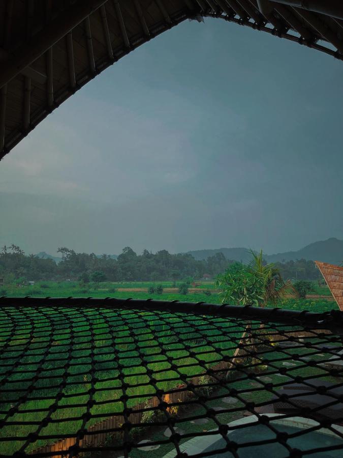 View of lush green rice fields and distant trees under a cloudy sky, seen from a shaded area with a black net hammock in the foreground—just the kind of peaceful retreat offered by the best family villas in Bali.