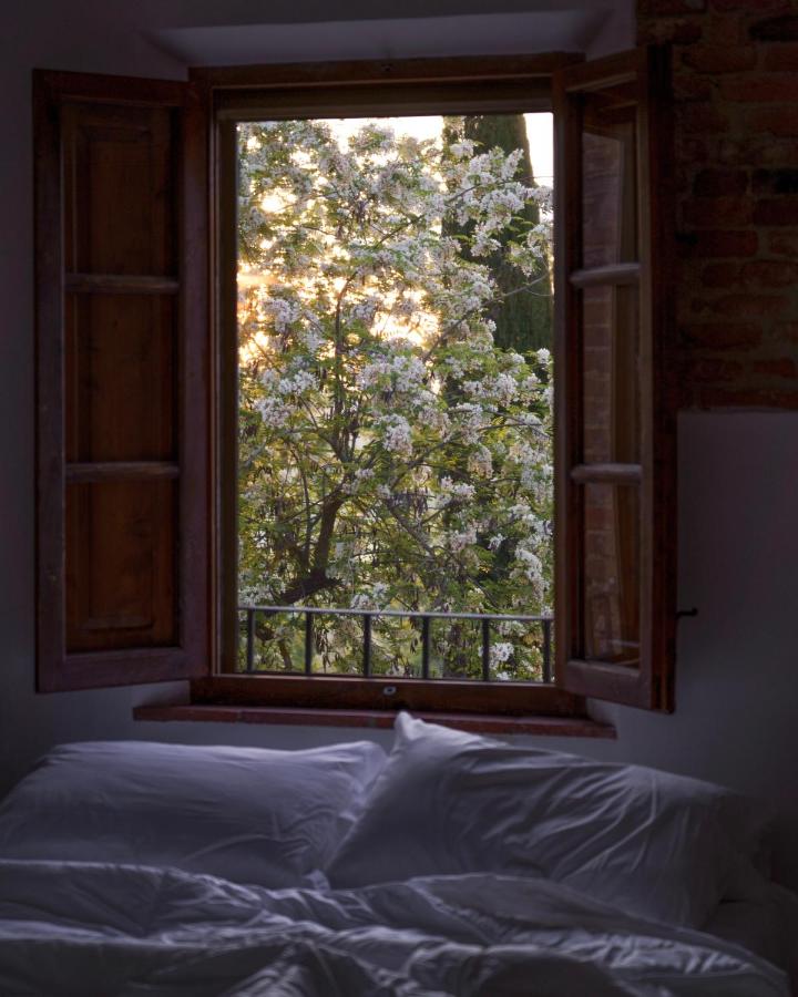 7 Best Agriturismos in Tuscany 4 An unmade bed with white sheets sits by an open window, through which sunlight filters past a blooming tree with white flowers—evoking the peaceful morning charm found at the best agriturismos in Tuscany.