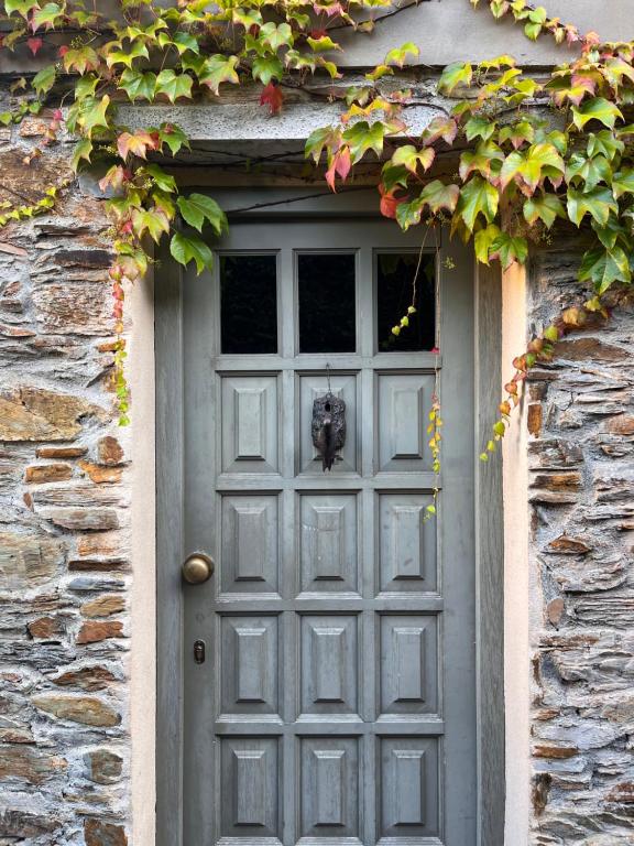 A weathered gray wooden door set in a stone wall, framed by green and reddish ivy vines, evokes the charm of boutique hotels in Asturias. The door features a brass handle and an owl-shaped door knocker.