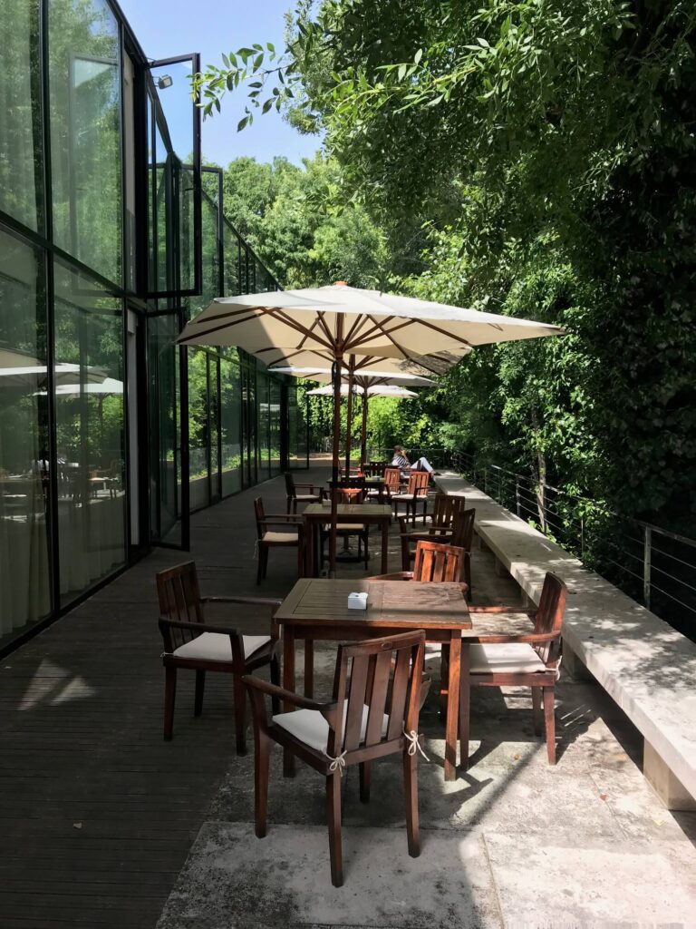 4 Best Hotels in Ribera del Duero, Spain 16 A sunlit outdoor patio at one of the finest hotels in Ribera del Duero features wooden tables and chairs with white cushions, shaded by large umbrellas, beside a modern glass building surrounded by lush green trees and foliage.